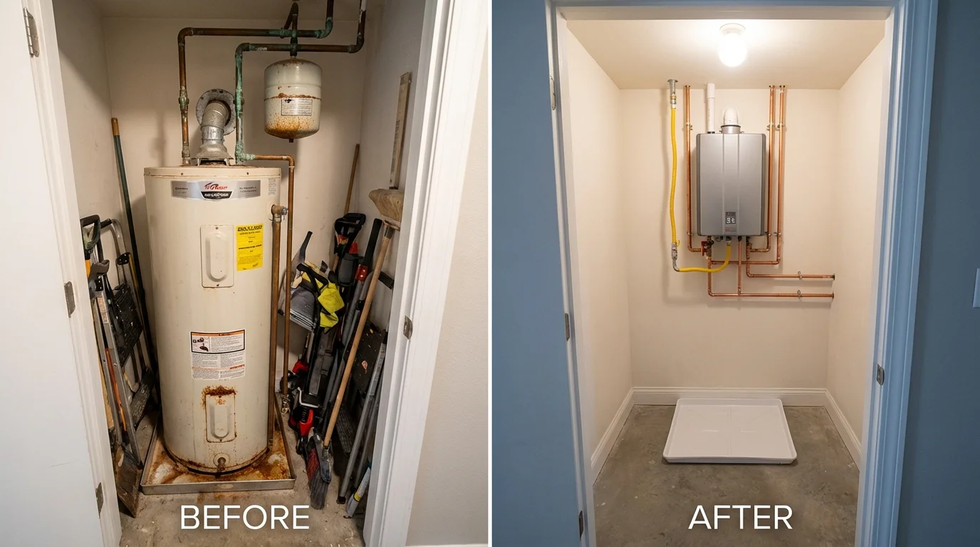 Tank water heater versus wall-mounted tankless unit comparison for Palestine, IL homeowners
