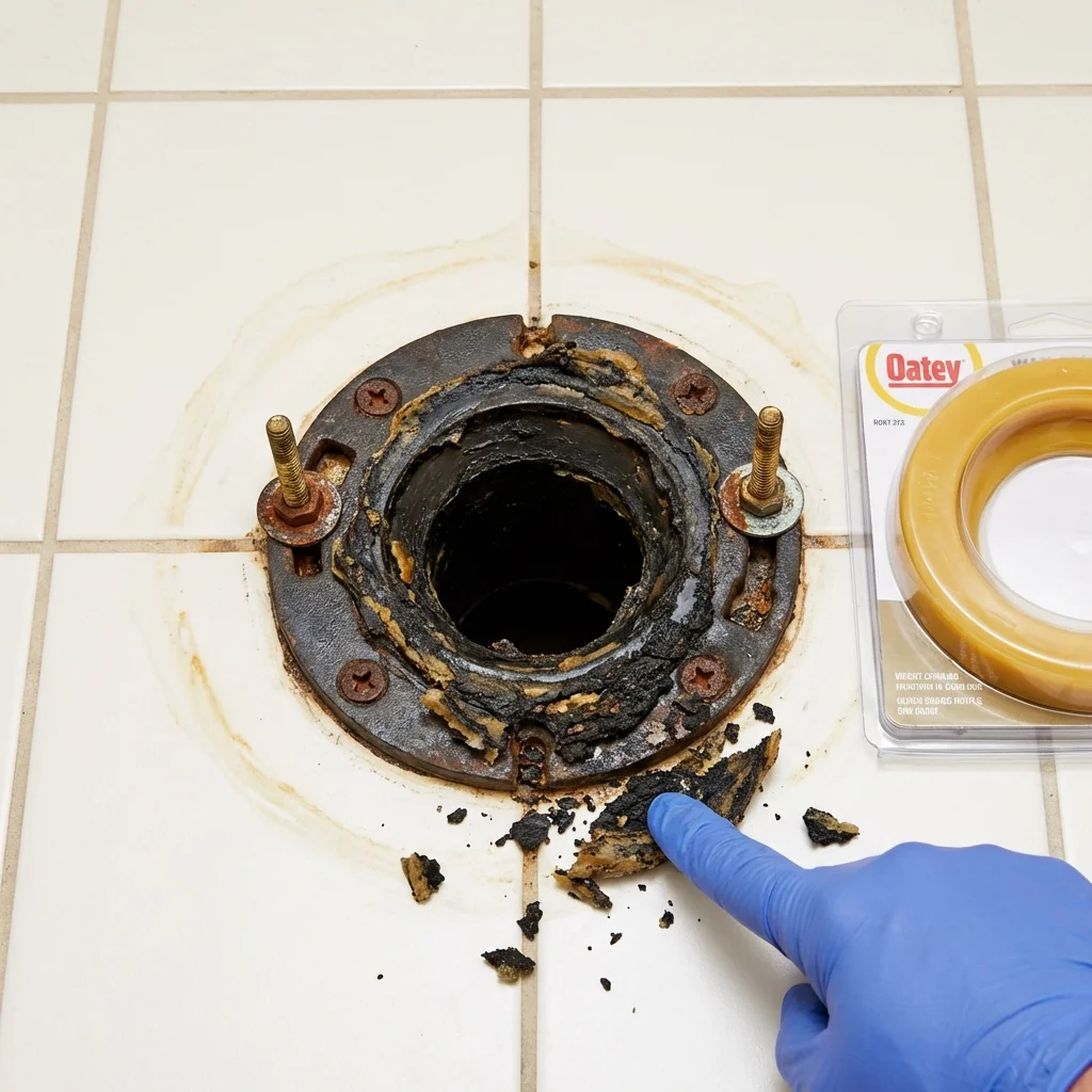 Failed wax ring showing water seepage at the base of a toilet in a Palestine, IL home