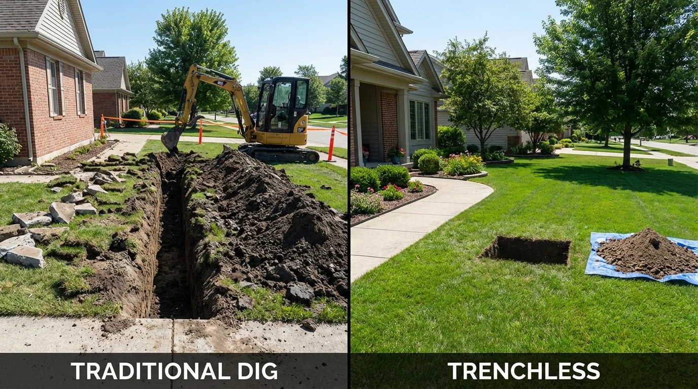 Trenchless sewer repair with minimal yard damage versus traditional excavation in Palestine, IL