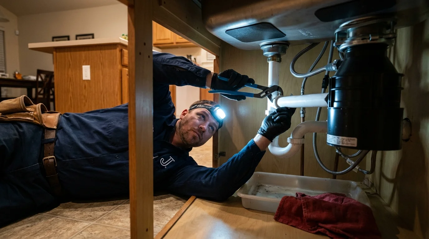 P-trap and supply line connections under a kitchen sink showing a common leak point in Palestine, IL